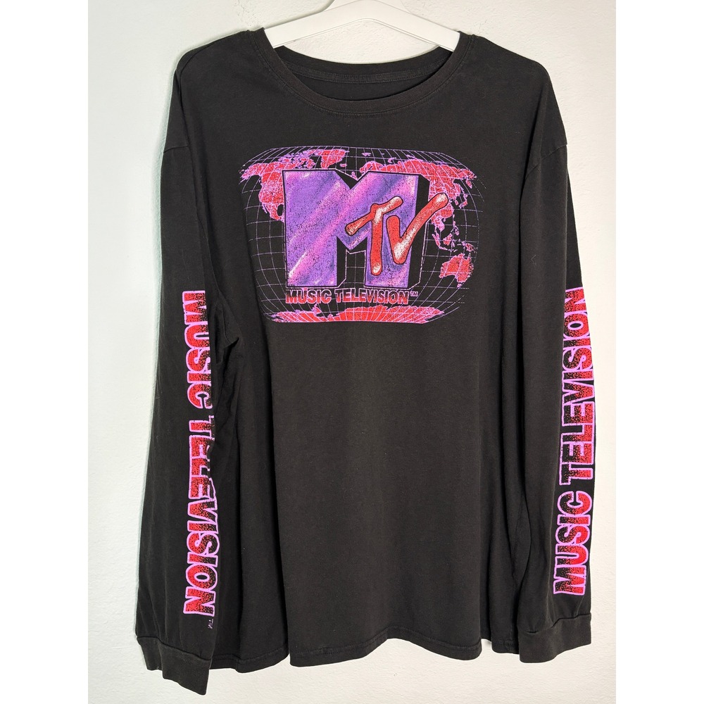 MTV Music Television Graphic Long Sleeve Shirt Black Pink Logo Mens XL Retro